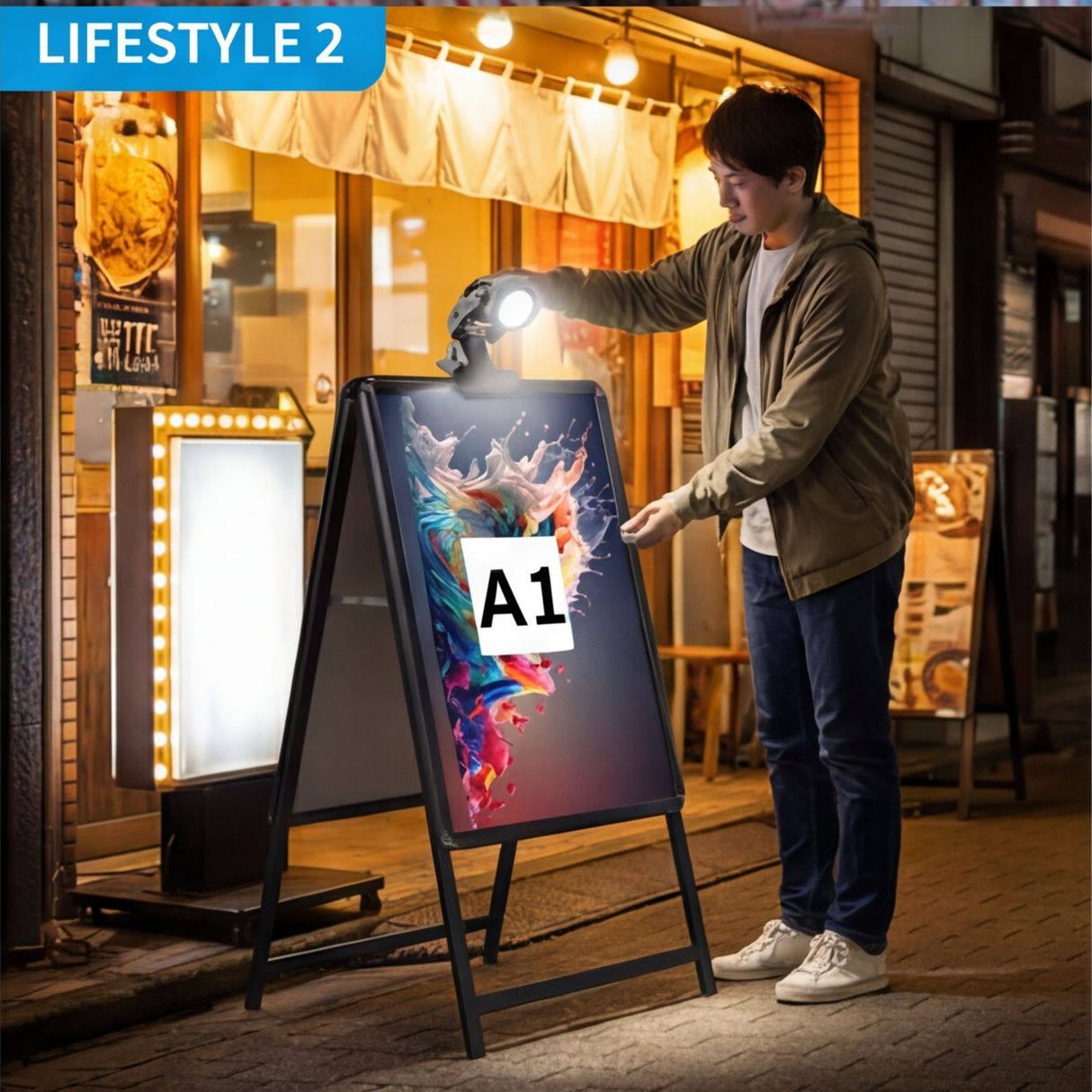 A型スタンド看板 A1 両面表示 屋外対応 防風 風対策セット 付属品付き 4点セット シルバー ブラック 木目 店舗用看板 4SET-JC-A1-D