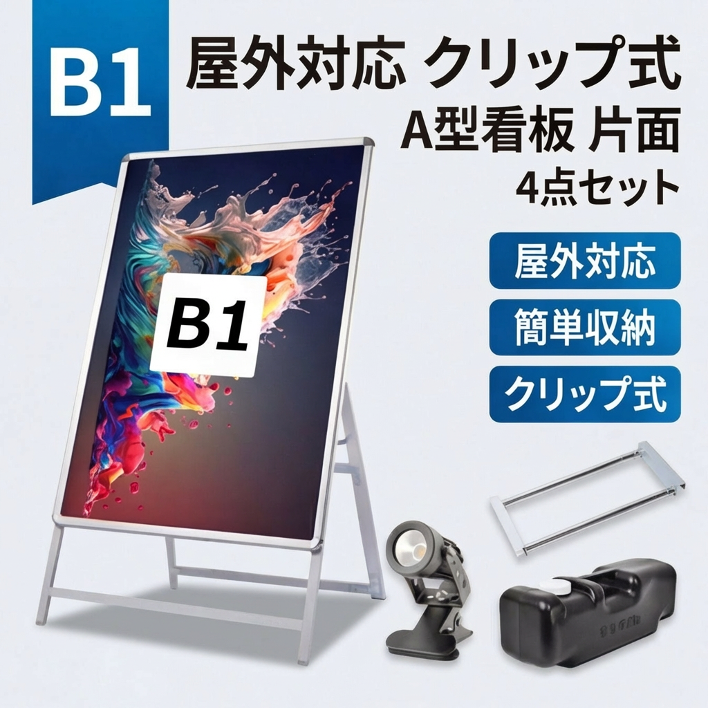 A型スタンド看板 B1 片面 屋外対応 防風 風対策セット 付属品付き 4点セット シルバー ブラック 木目 店舗用看板 4SET-JC-B1-S