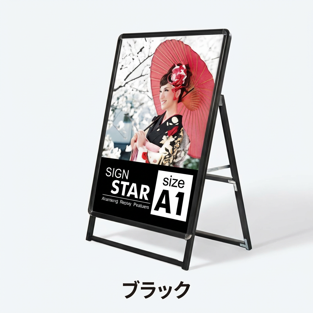 A型スタンド看板 A1サイズ ロータイプ 片面仕様 屋外対応 耐候 軽量 アルミフレーム 折りたたみ式 スタンドサイン 店舗用看板 シルバー ブラック a1-s-low