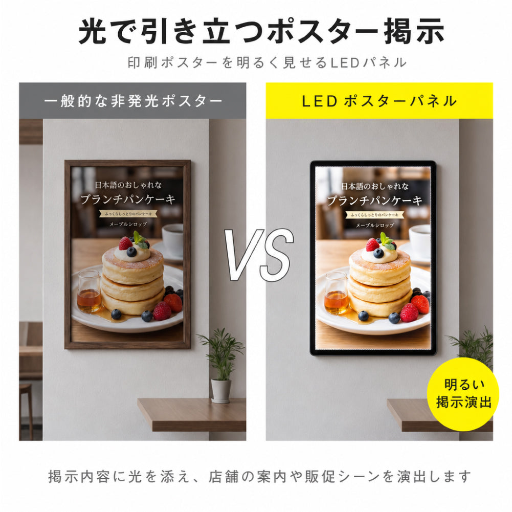 LEDポスターパネル 60×90cm 超薄型9mm 壁掛け 高輝度5000lux 縦横設置 光るポスターフレーム ライトパネル 店舗 看板 電飾 メニューボード led-pu-6090