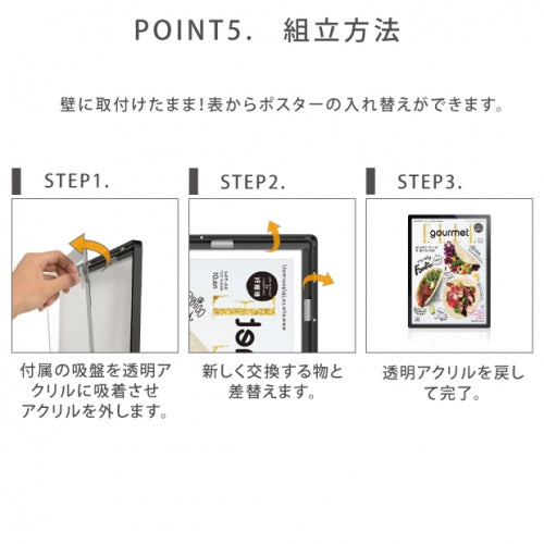 室内仕様LEDポスターパネル W457xH632mm 薄型 磁石式 ブラック 壁掛け mgl-15r-bk