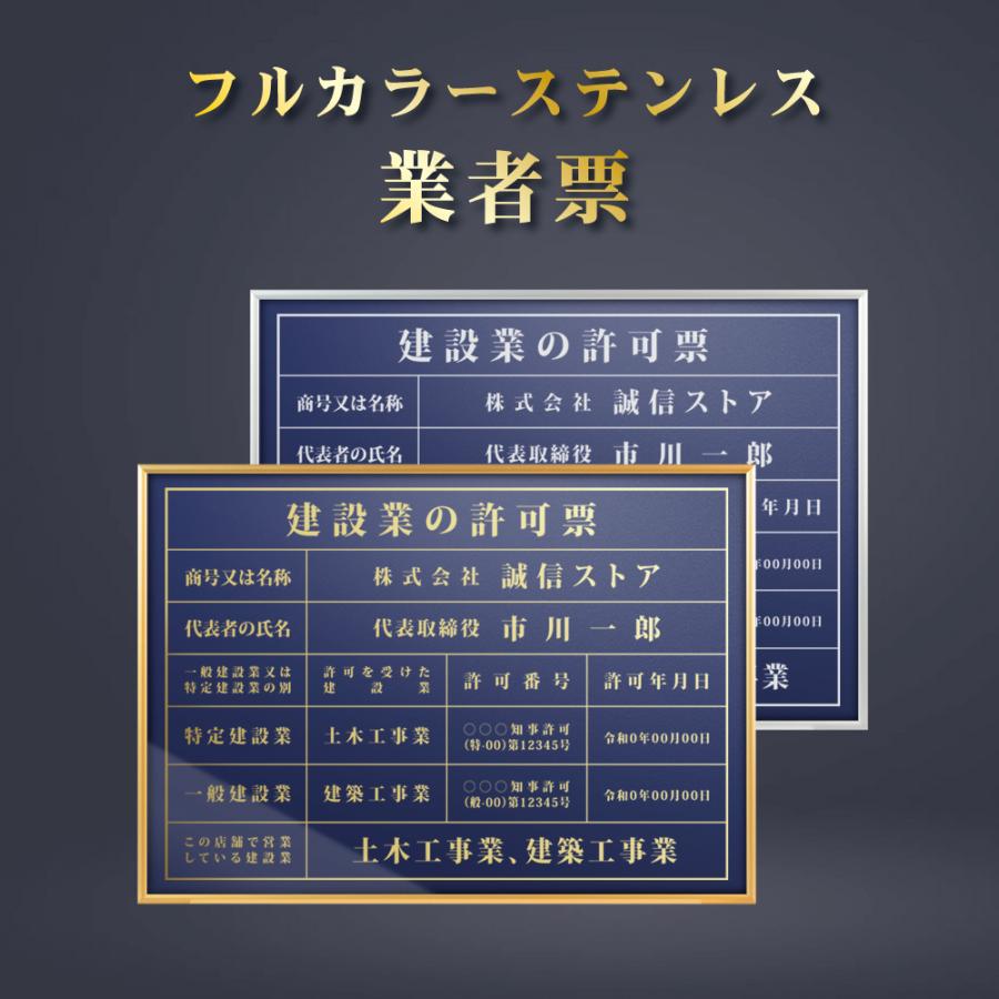 建設業の許可票 看板 約W52cm×H37cm 紺色看板+金文字/銀文字 【内容印刷込み】gs-pl-navy-rb