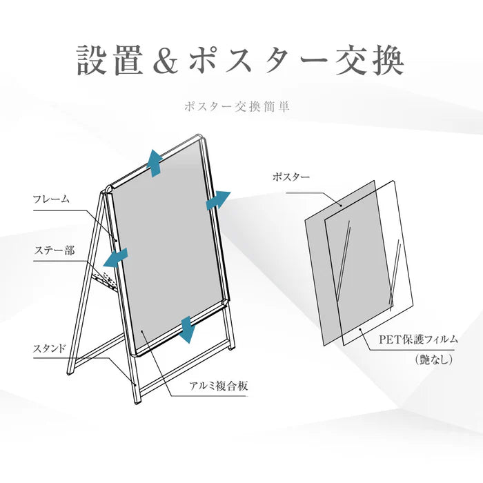 A型スタンド看板 A0サイズ 縦型 片面仕様 屋外対応 耐候 軽量 アルミフレーム 折りたたみ式 スタンドサイン 店舗用看板 シルバー ta0-s