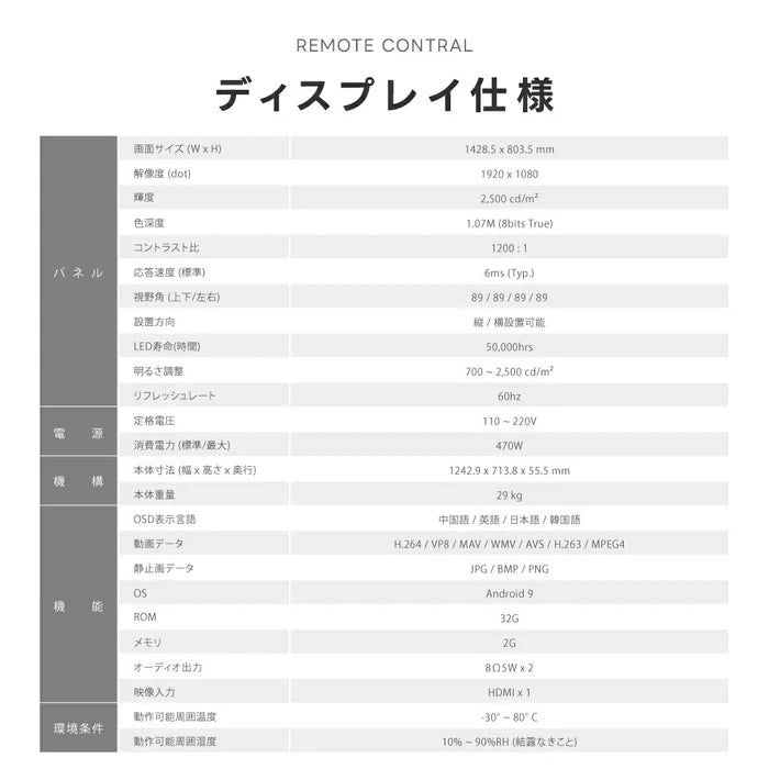 屋内仕様 2500cd高輝度 デジタルサイネージ 65インチ 電子看板 店舗用サイネージディスプレイ TV-G65-ID