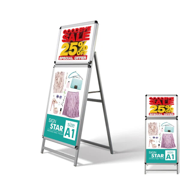 A型スタンド看板 A1・A2対応 複数展示用 片面仕様 屋外対応 耐候 軽量 アルミフレーム 折りたたみ式 スタンドサイン 店舗用看板 シルバー a2a1-s