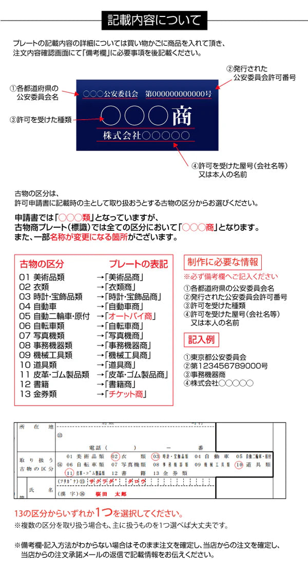 古物商 プレート アクリル製 W160mm×H80mm 紺色 壁掛け用穴ありタイプ UV印刷加工 curio-navy-hole