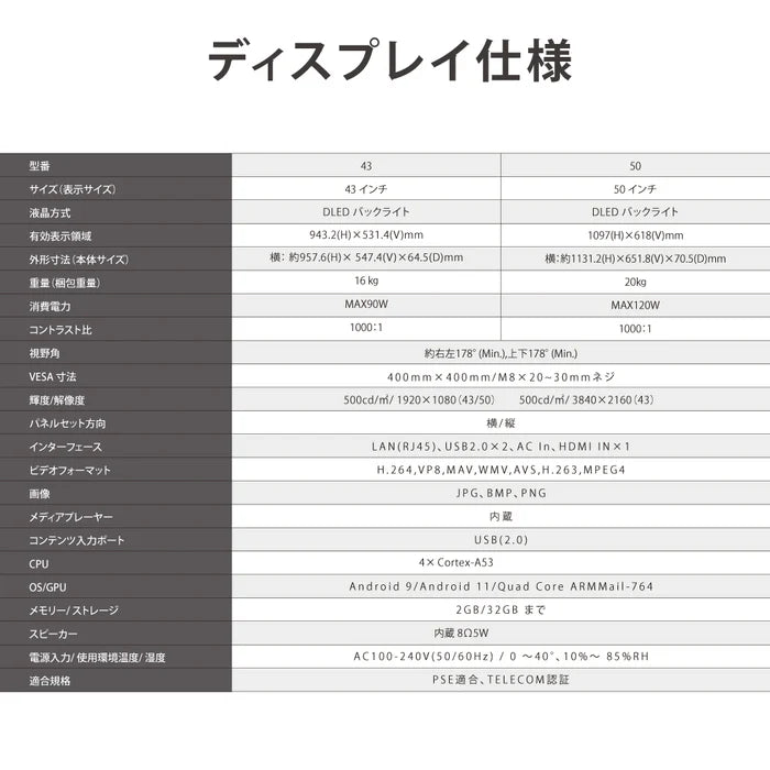 デジタルサイネージ 43インチ 50インチ 傾斜スタンド 縦横対応 軽量可動 屋内用 電子看板 dsns-a
