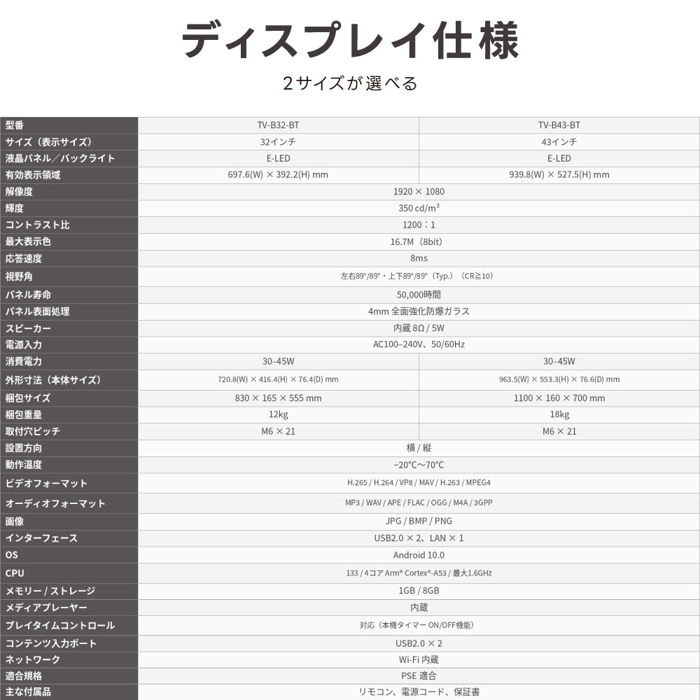 デジタルサイネージ 32V 43V 移動式スタンドセット 縦横両用 2K高画質 IPS 350cd/m2 24時間稼働 キャスター付き 高さ調整 店舗用電子看板 dsns-sj02
