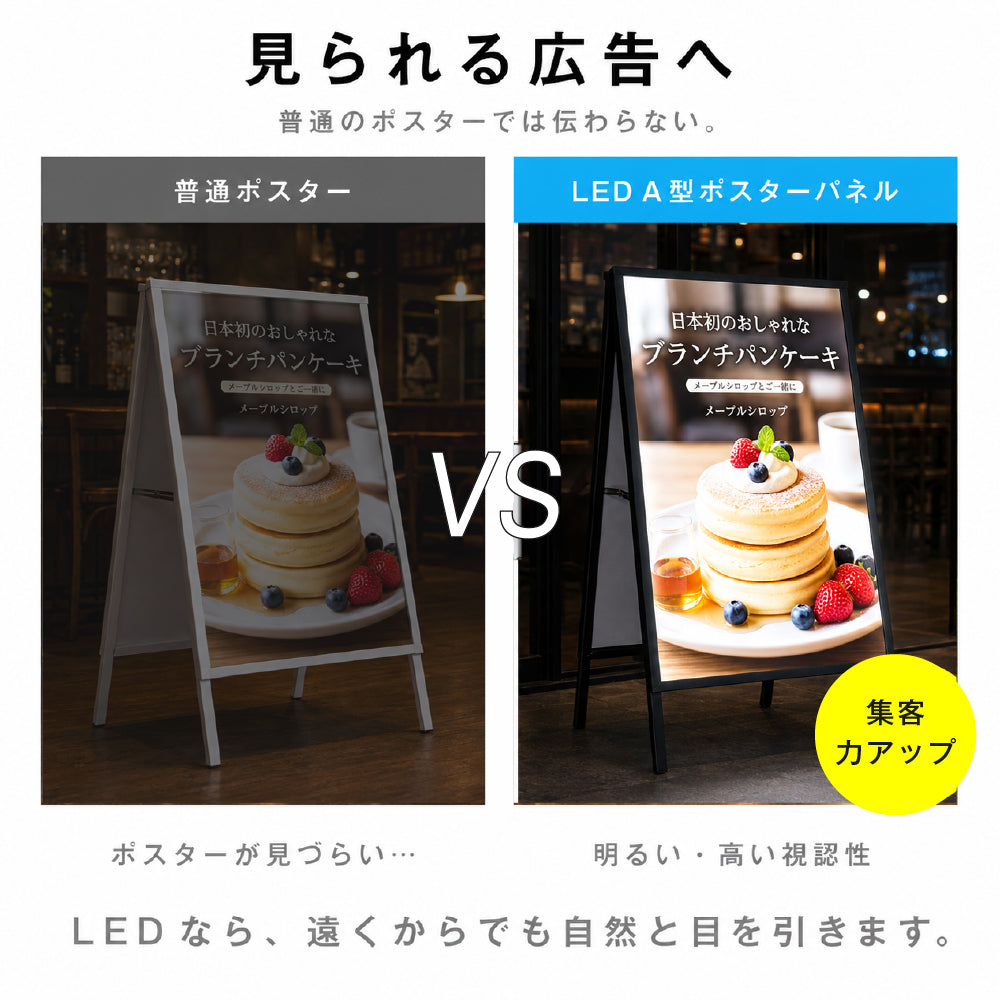 LED A型スタンド看板 A1 両面 高輝度 3000lux 光るポスターパネル 電飾看板 メニューボード 折りたたみ 屋内用 ブラック ホワイト f-led-pu-a1d