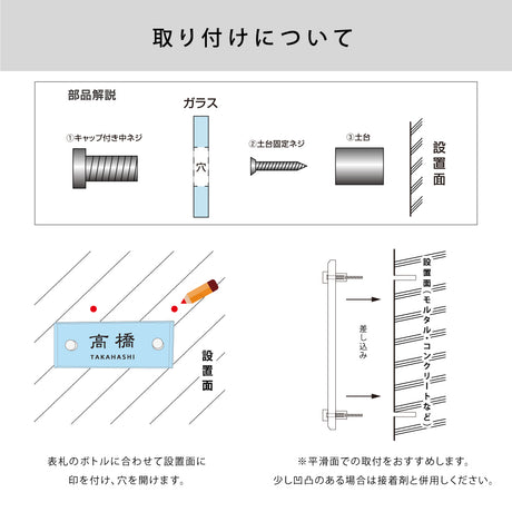 ガラス 表札 会社 W150mm×H50mm/W180mm×H40mm高耐候性 厚みt5mm/t8mm 化粧ビス付け gs-nmpl-1053 懐かしい風合い