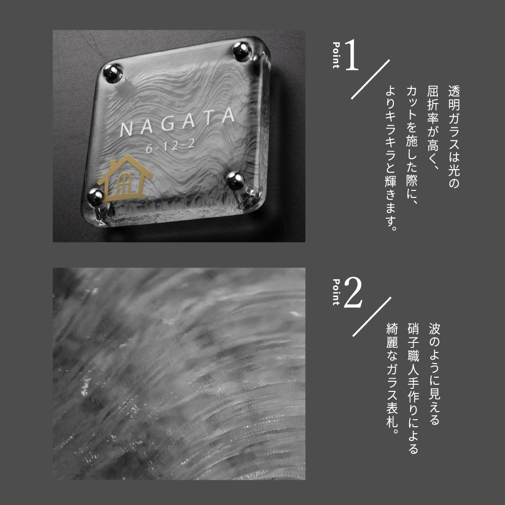 日本製 江戸硝子 ガラス 表札 会社 約W148mm×H148mm 表札 戸建て ガラス 懐かしい風合い 手作り 表札 gs-nmpl-1097 世界に一つだけのガラス表札