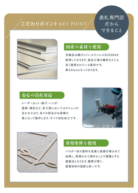 表札 おしゃれ 戸建て アイアン ステンレス表札 オーダーメイド 両面テープ付 番地 戸建 門柱 機能門柱 玄関 sh-s1121