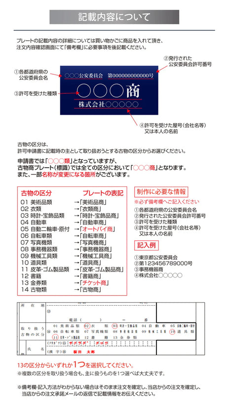 古物商プレート 紺色 許可証標識 全国公安委員会対応 警察署対応 穴あけ・両面テープ・スタンド選択可 gs-pl-kobutsu
