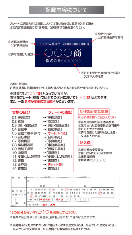 古物商プレート レーザー彫刻 160×80mm（貼り付けタイプ）/警察 公安委員会指定 古物商許可証 格安 標識 gs-pl-navy-stand-blk-100