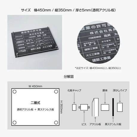 宅地建物取引業者票 黒ステンレス×アクリル二層式 W450×H350×5mm 法定看板 高級デザイン gs-pl-tr-t-black
