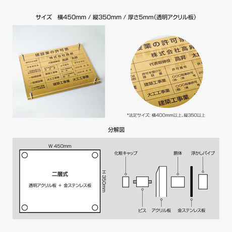 宅地建物取引業者票 金ステンレス×アクリル板 W450×H350mm 法定看板 高級サイン gs-pl-tr-t-gold