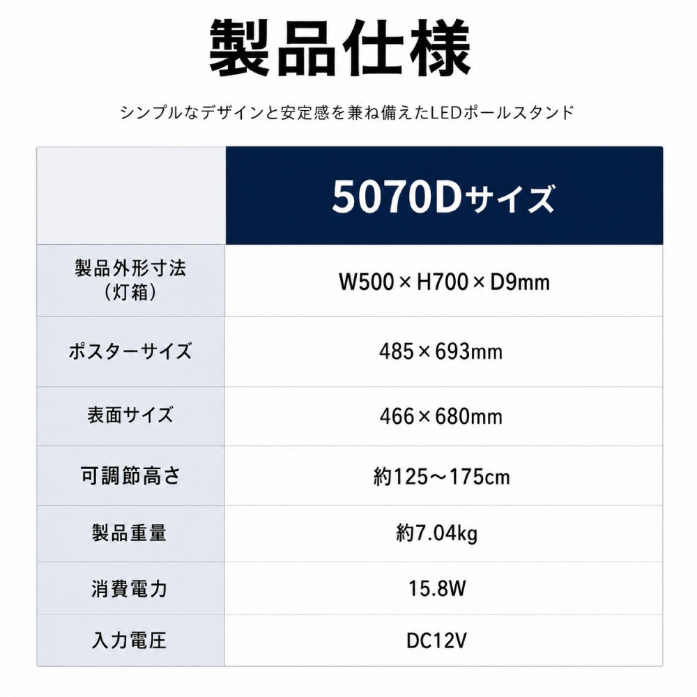 LED ポスターパネル スタンド 500x700mm 5000lm 片面 屋内用 高輝度 高さ調整 角度調整 差し込み式 ライトパネル 案内板 電飾看板 店舗用 飲食店 lds-5070d-sv