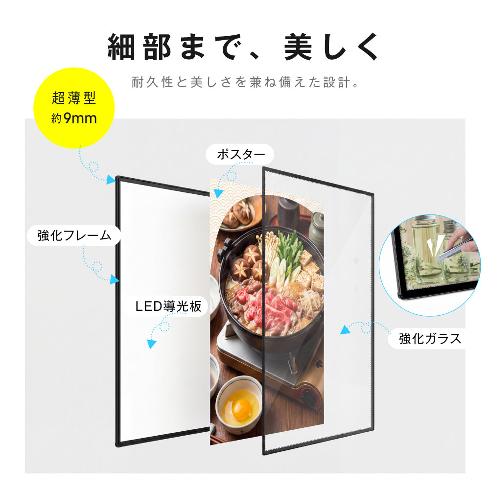 LEDポスターパネル 50×70cm 超薄型9mm 壁掛け 高輝度5000lux 縦横設置 光るポスターフレーム ライトパネル 店舗 看板 電飾 メニューボード led-pu-5070