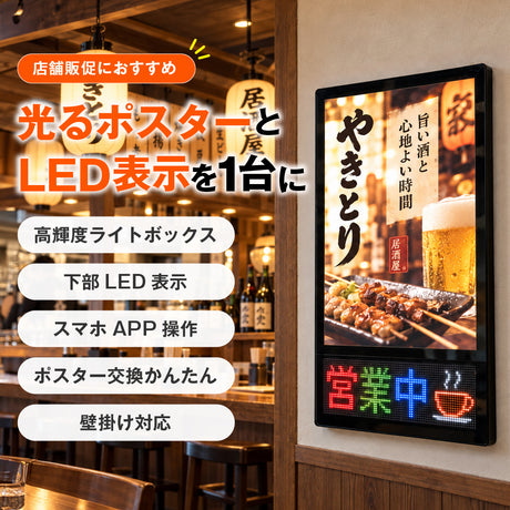 LEDパネル 光るポスターフレーム 下部LED表示 A1 A2 B2 壁掛け 4000lux スマホAPP操作 フルカラー 電光掲示板 電飾看板 店舗販促 飲食店 居酒屋 lmin