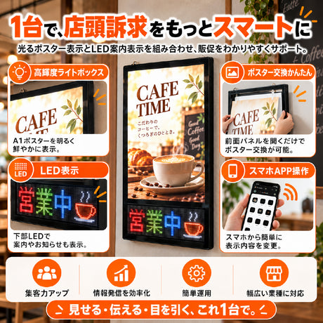LEDパネル 光るポスターフレーム 下部LED表示 A1 A2 B2 壁掛け 4000lux スマホAPP操作 フルカラー 電光掲示板 電飾看板 店舗販促 飲食店 居酒屋 lmin
