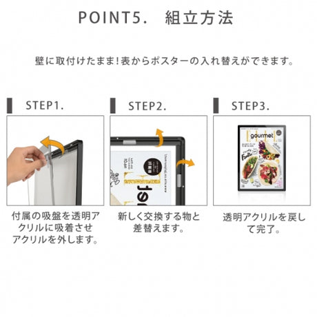 室内仕様LEDポスターパネル W457xH632mm 薄型 磁石式 ブラック 壁掛け mgl-15r-bk