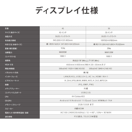 デジタルサイネージ 43インチ 50インチ 傾斜スタンド 縦横対応 軽量可動 屋内用 電子看板 dsns-a