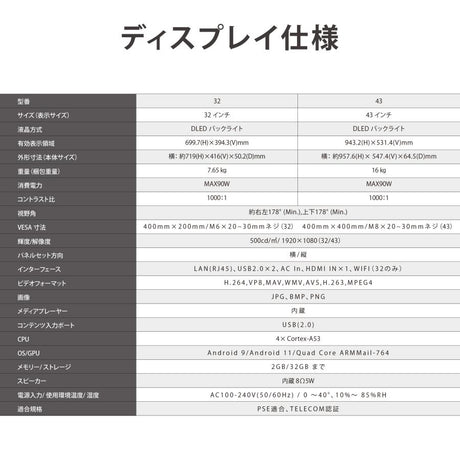デジタルサイネージ 屋内仕様 32/43インチ対応 傾斜型スタンドセット 縦横自由 コンテンツ配信 軽量 USBメモリー dsns-j