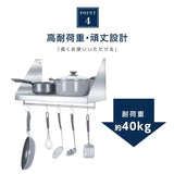 日本製 ステンレス製 業務用 キッチン平棚 パイプ付き フック5本付き W1200×D300mm 壁掛け収納 吊り棚 キッチン収納 厨房ラック skk-002-12030