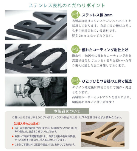 日本製 ステンレス・アイアン切り文字表札 オーダーメイド・番地入りローマ字 sus-03