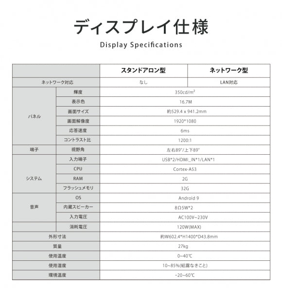 デジタルサイネージ 43型 スタンド付 液晶ディスプレイ 屋内用 高輝度広告ディスプレイ ホワイト ブラック TV-43