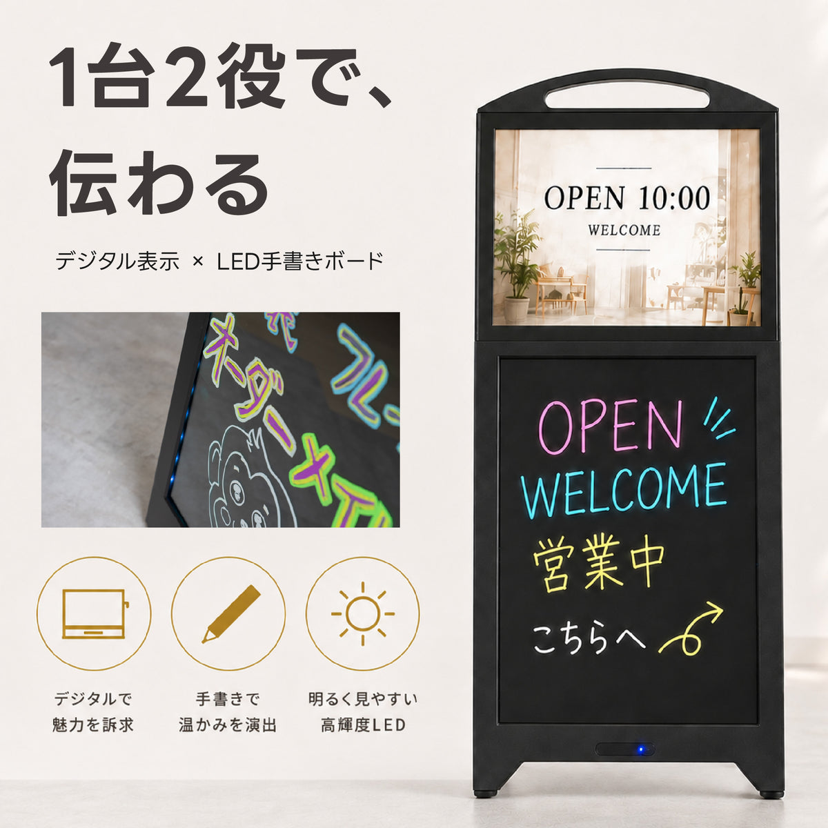 デジタルサイネージ 屋外対応 1台2役 液晶ディスプレイ LED手書きボード スタンド看板 片面 キャスター付き ガススプリング開閉 USBメモリ再生 リモコン操作 店舗用 電飾看板 A型スタンド メニューボード 飲食店 美容室 tv-b21-hb