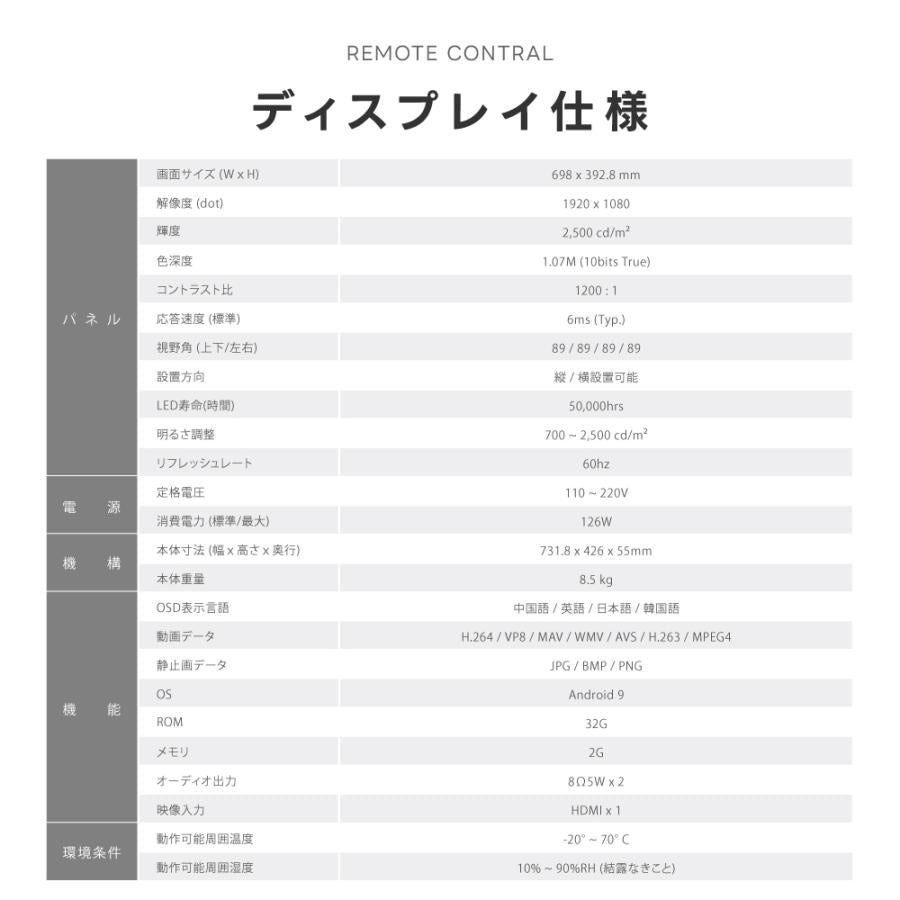屋内仕様 2500cd高輝度 デジタルサイネージ 32インチ 電子看板 店舗用サイネージディスプレイ TV-G32-ID