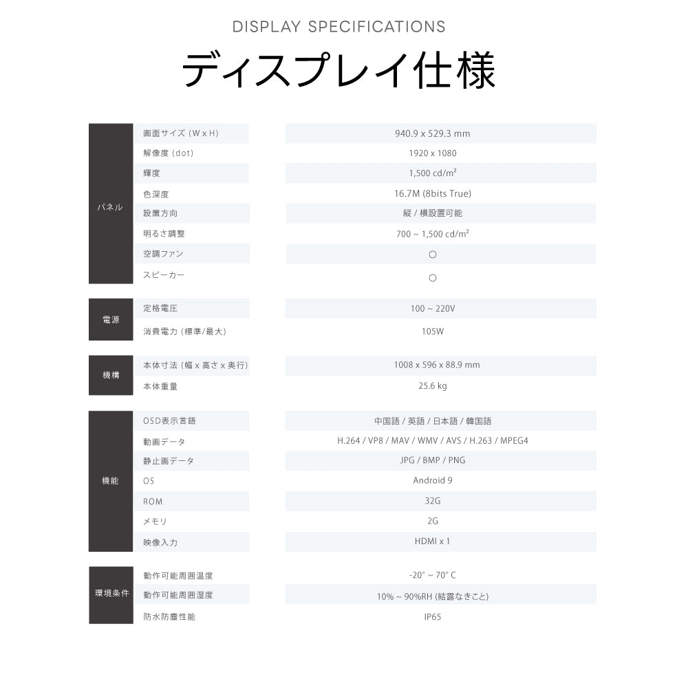 2K 屋外対応デジタルサイネージ| 業務用 電子看板 オフィス 1500輝度 液晶パネル デジタル サイネージ モニター ディスプレイ 防水防塵 壁掛け スタンド対応 液晶パネル tv-g43-yd