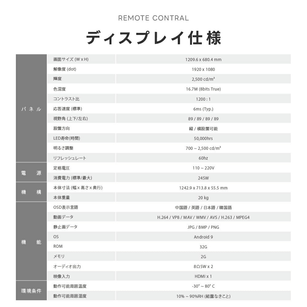 55インチ デジタルサイネージ 2500cd高輝度 電子看板 店舗用サイネージディスプレイ TV-G55-ID
