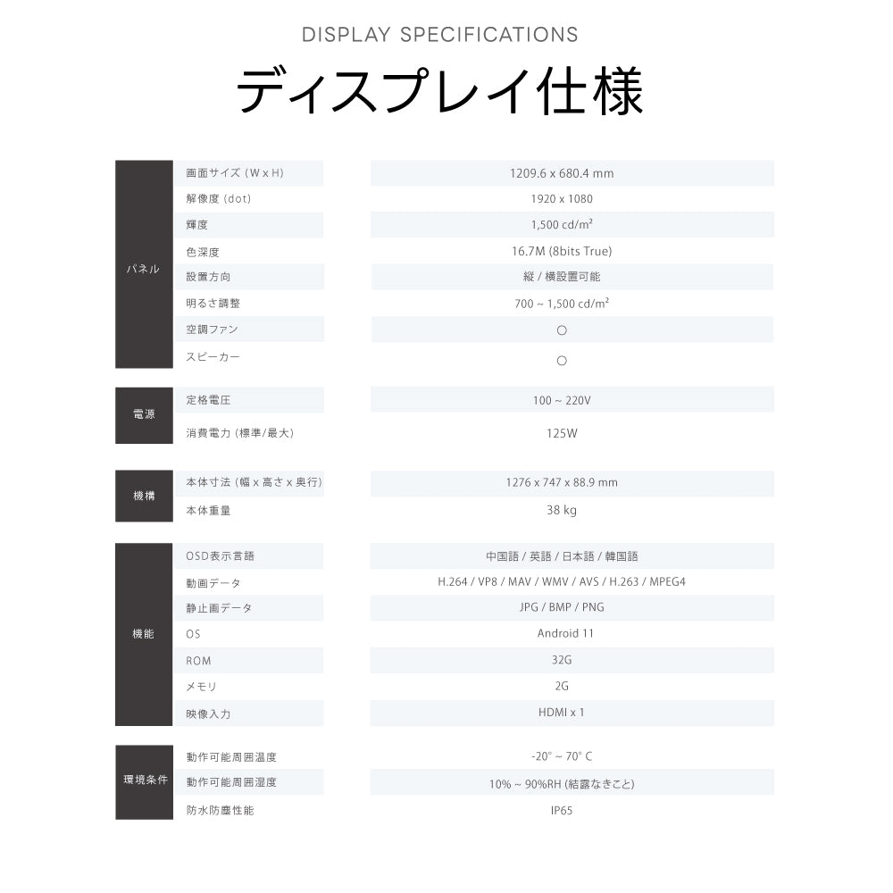 2K 屋外対応デジタルサイネージ| 業務用 電子看板 オフィス 1500輝度 液晶パネル デジタル サイネージ モニター ディスプレイ 防水防塵 壁掛け スタンド対応 液晶パネル tv-g55-yd