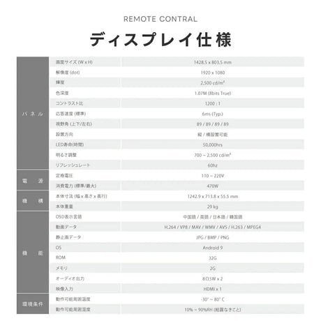 屋内仕様 2500cd高輝度 デジタルサイネージ 65インチ 電子看板 店舗用サイネージディスプレイ TV-G65-ID
